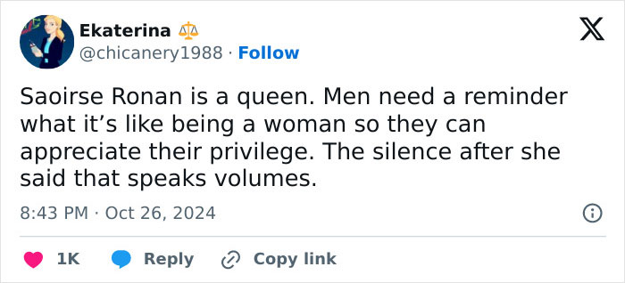 &ldquo;Men Need A Reminder&rdquo;: Saoirse Ronan Praised For Shutting Down Male Guests With Honest Remark