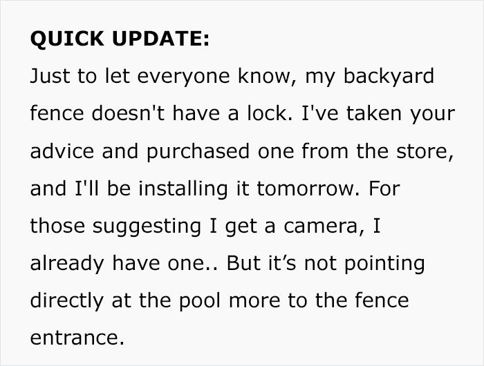 Text update about installing a lock on backyard fence to control access to neighbor's pool area. Text update about installing a lock on backyard fence to control access to neighbor's pool area.