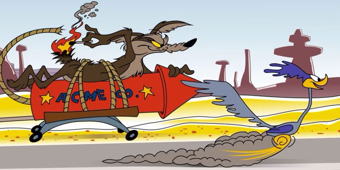 Iconic duos: coyote riding an Acme rocket chasing a fast-running bird in a desert landscape.