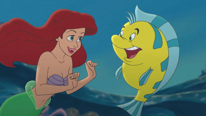 Animated iconic duo underwater, featuring a mermaid and a yellow fish interacting joyfully.