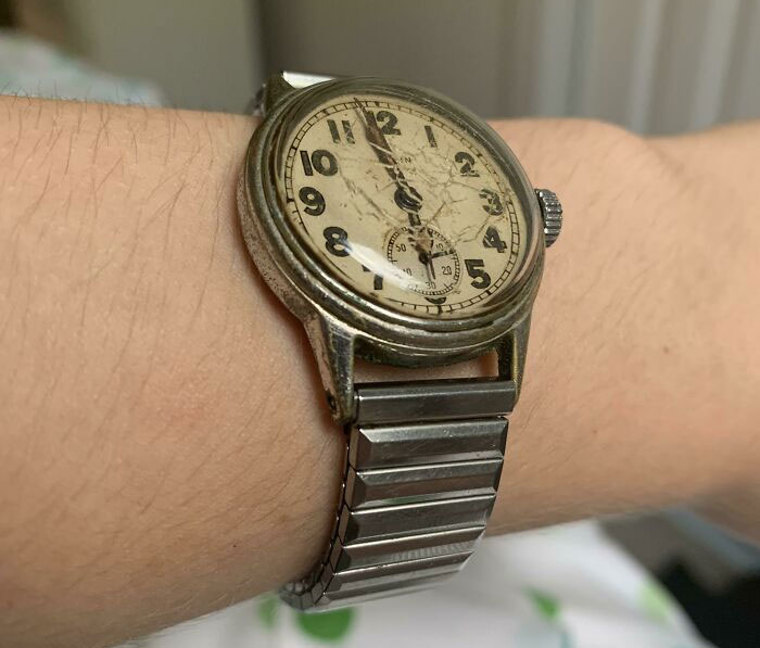My Great Uncle's Watch That Lived Through Combat In WW2. Wound It Up And It Still Works Perfectly