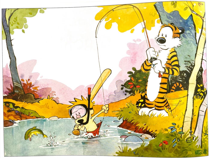 A boy splashes in a creek with his tiger friend in a comic scene, depicting one of the most iconic duos of all time.