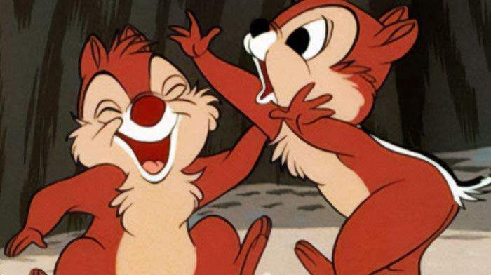 Animated duo of chipmunks, laughing and playfully interacting, embodying iconic duo charm.