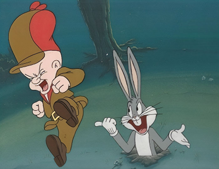 Animated duo in the forest, featuring a hunter and a rabbit in a playful scene.