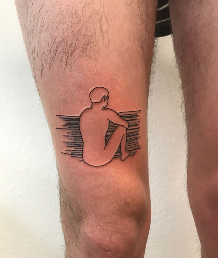 Minimalistic tattoo ideas for men featuring a linework silhouette of a person sitting with their arms around their knees, surrounded by horizontal lines, evoking a contemplative and introspective vibe.