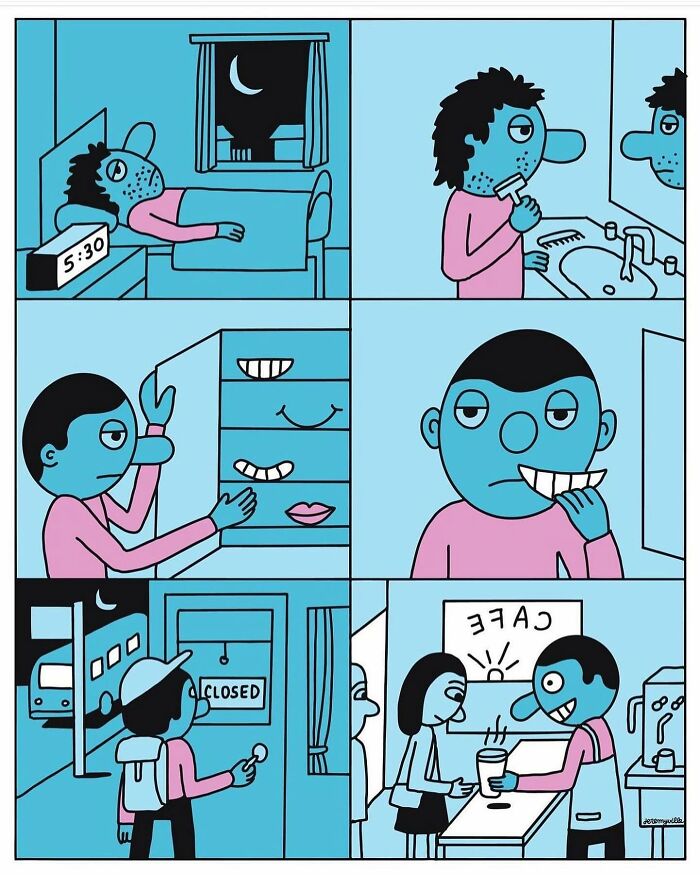 Poetic cartoons by artist showing daily moments offering comfort to those navigating challenging times in blue and pink tones.