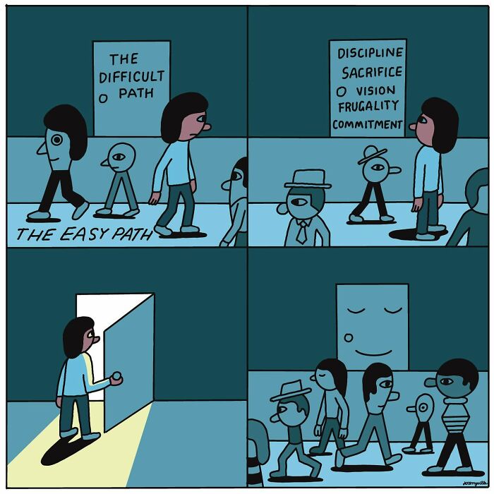 Poetic cartoon illustrating a person choosing a difficult path for growth and comfort during challenging times.