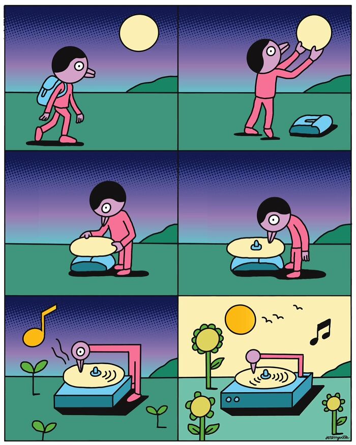 Poetic cartoon showing a character creating music from the moon to offer comfort during challenging times.