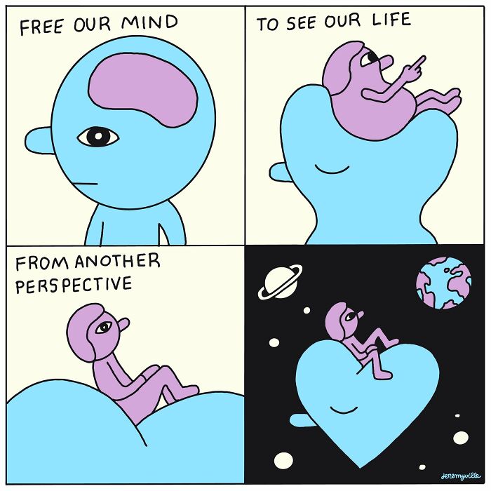 Poetic cartoon panels showing a blue figure with a purple character symbolizing mind, life, and perspective offering comfort.