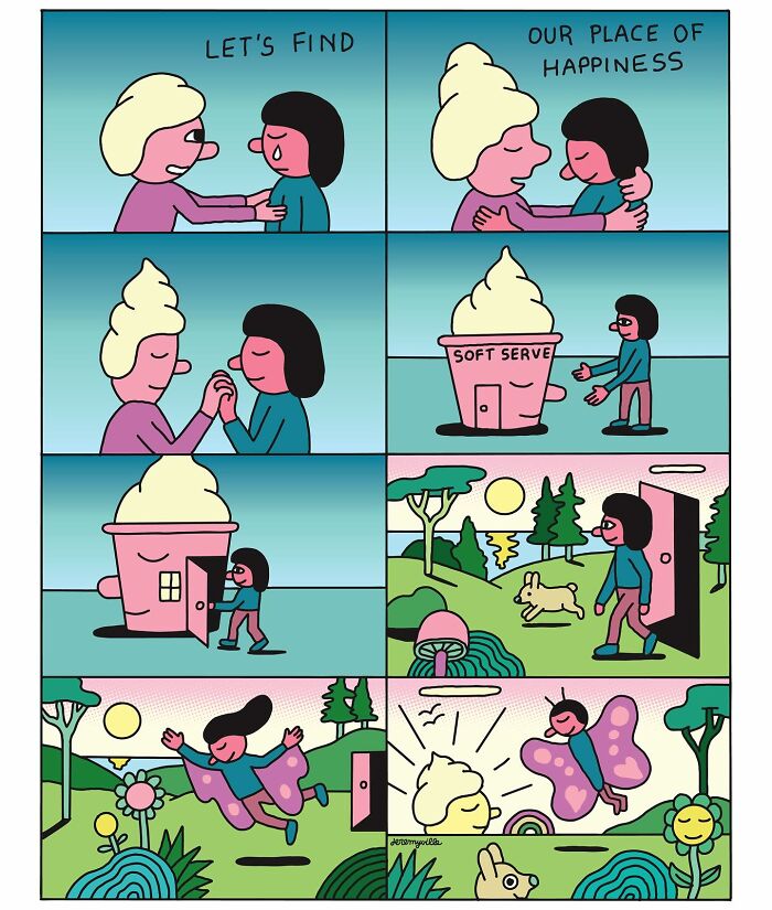 Cartoon panels show comforting scenes of connection and happiness, illustrating poetic cartoons offering comfort in challenging times.