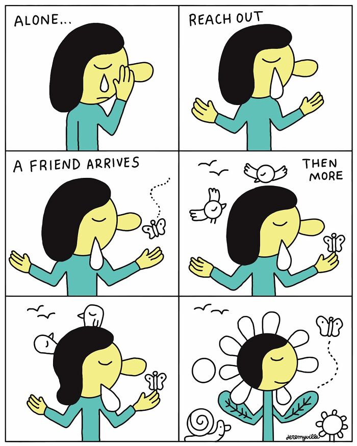 Poetic cartoon panels by artist showing comfort and friendship during challenging times with simple colorful illustrations.