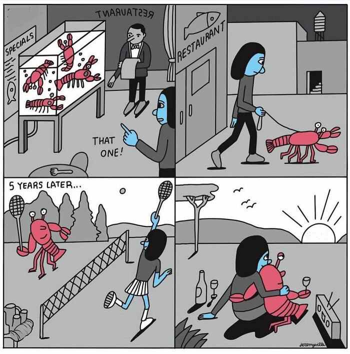 Poetic cartoon shows a person adopting and bonding with a lobster, symbolizing comfort during challenging times.