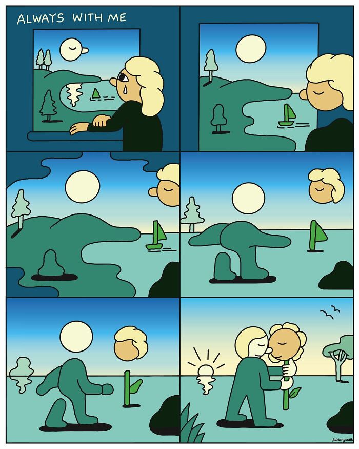 Poetic cartoon panels showing a character finding comfort and growth in nature during challenging times.