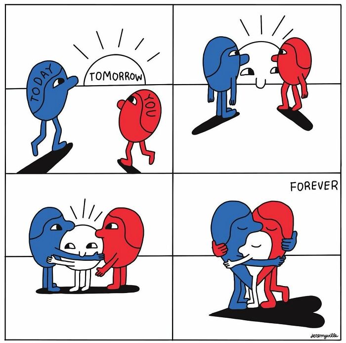 Poetic cartoons in blue and red characters offering comfort and hope through challenging times with a rising sun and hugs.