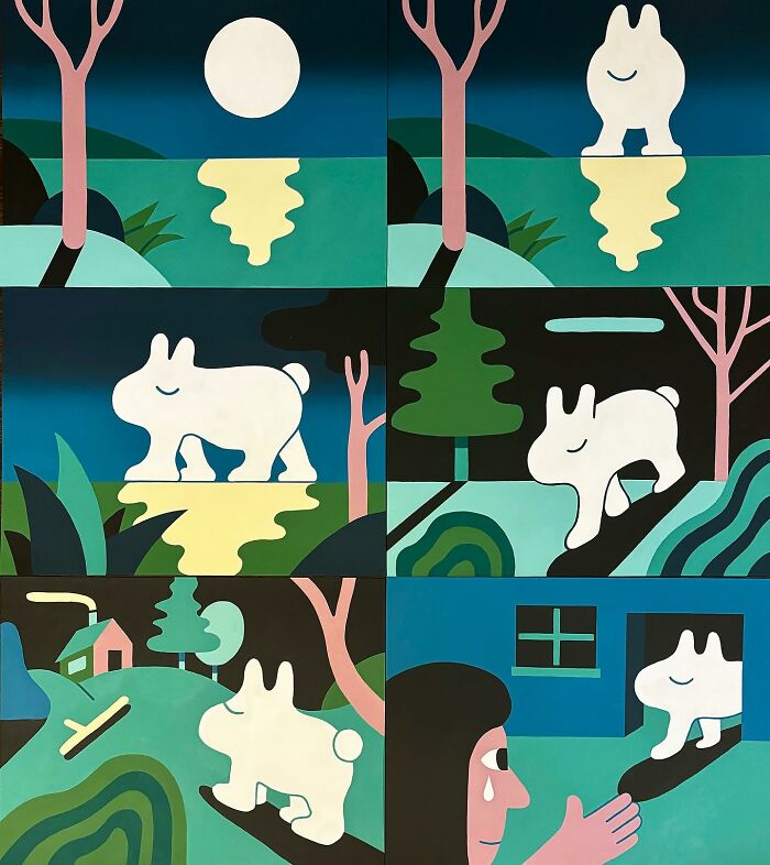 Poetic cartoons by artist depict comforting scenes of a white character in nature, offering support during challenging times.