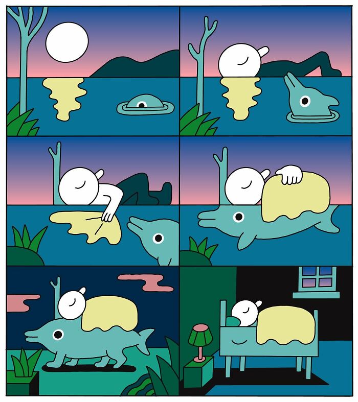 Poetic cartoon panels show a character finding comfort and peace while resting and riding a large dolphin at sunset.