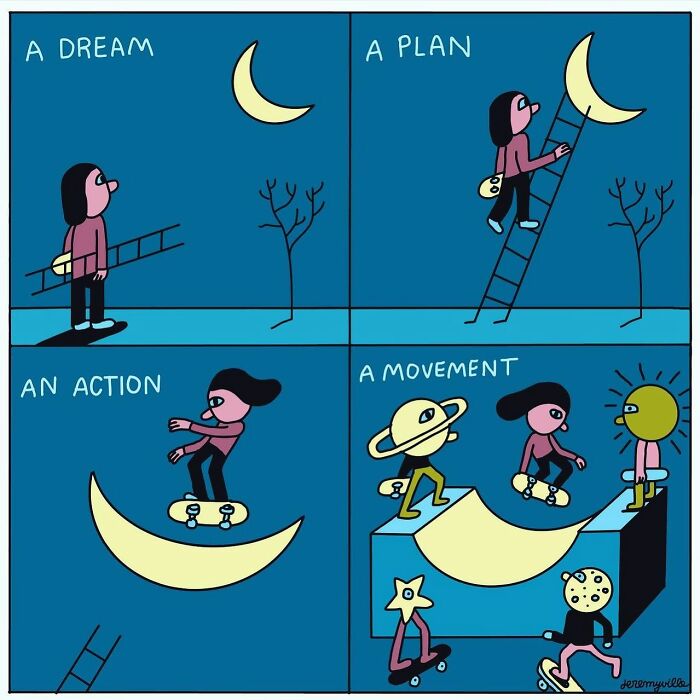 Poetic cartoon panels showing a person climbing, skateboarding on the moon, illustrating comfort and movement during challenging times.