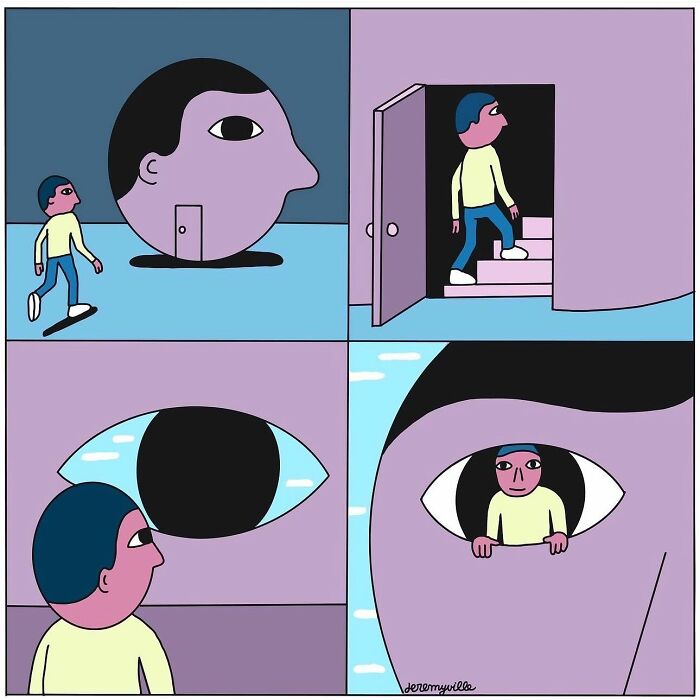Colorful poetic cartoon showing a person entering a head, climbing stairs, and looking through an eye for comfort and reflection.