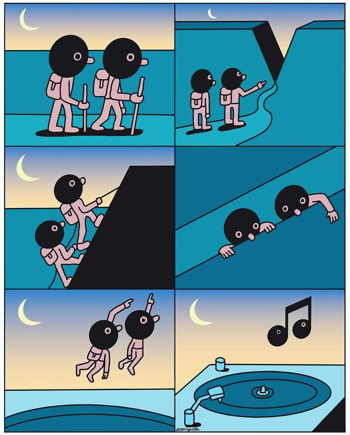 Poetic cartoons by artist depict two characters climbing a cliff and finding comfort through music in challenging times.