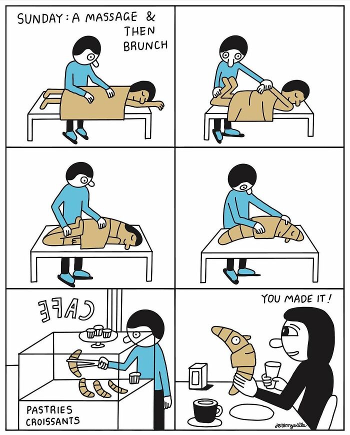Poetic cartoon showing a comforting massage and brunch with a croissant, offering warmth during challenging times.