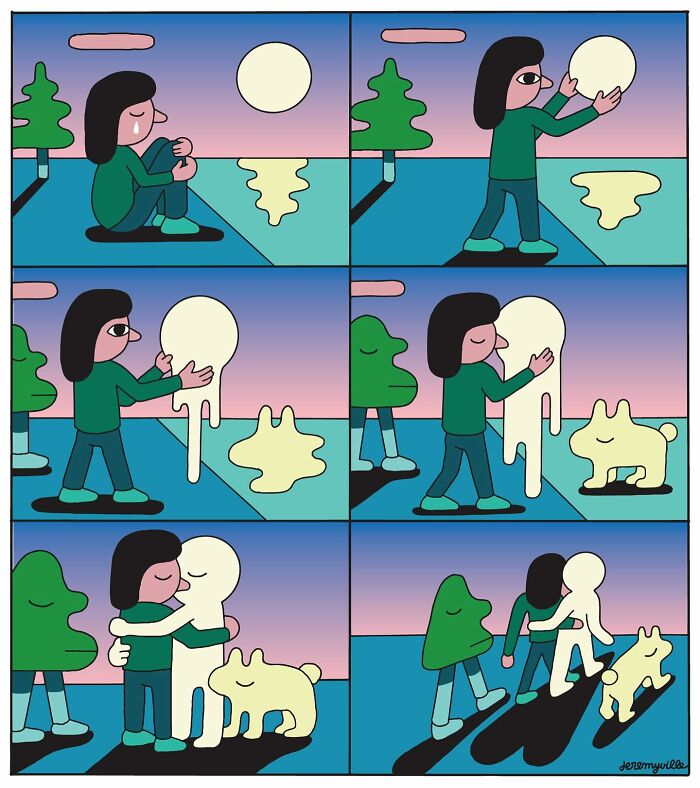 Cartoon panels showing a person comforting and embracing surreal melting figures and a dog at sunset.