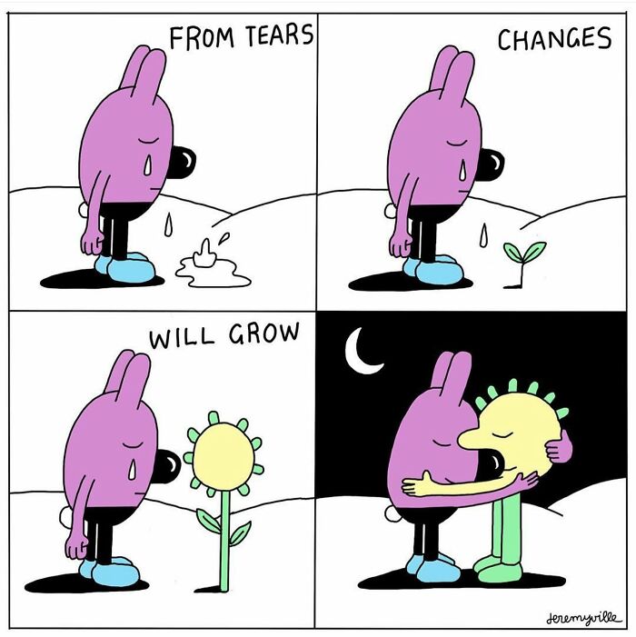 Poetic cartoon showing a purple character growing a flower from tears, offering comfort during challenging times.