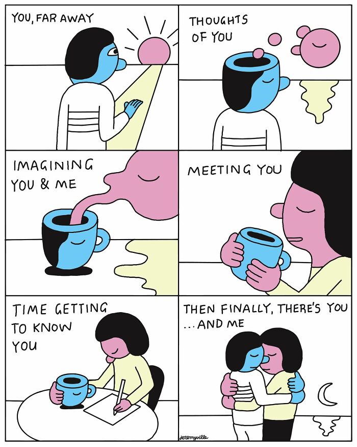 Poetic cartoon panels show a comforting journey from distant thoughts to a warm embrace, offering solace during challenging times.