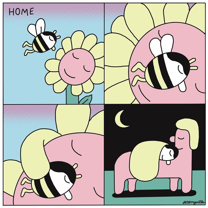 Poetic cartoon panels showing a bee finding comfort and rest from a flower to a gentle resting person.