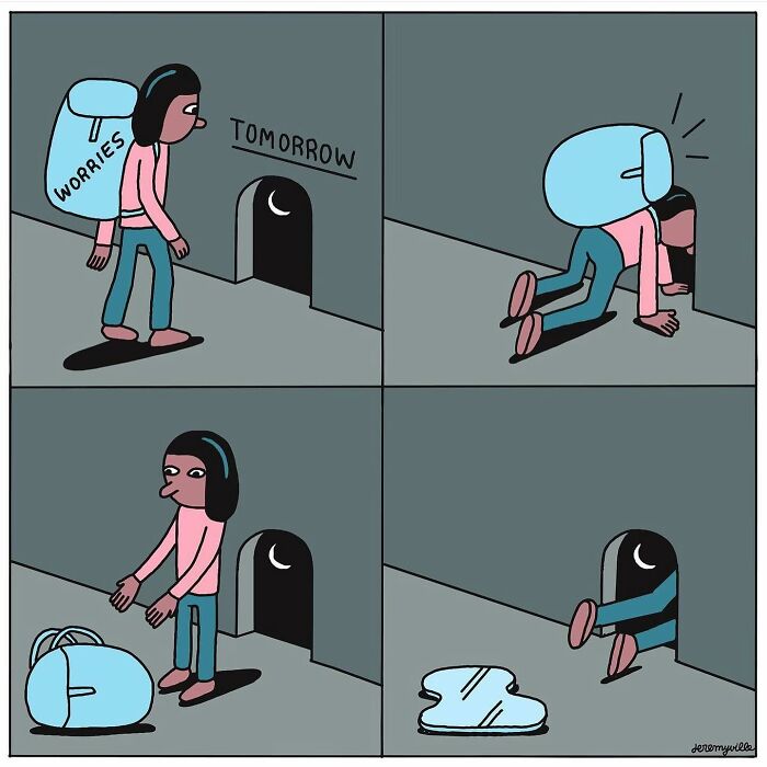 Illustration of poetic cartoon showing a person dropping worries at the door of tomorrow to find comfort during challenging times.