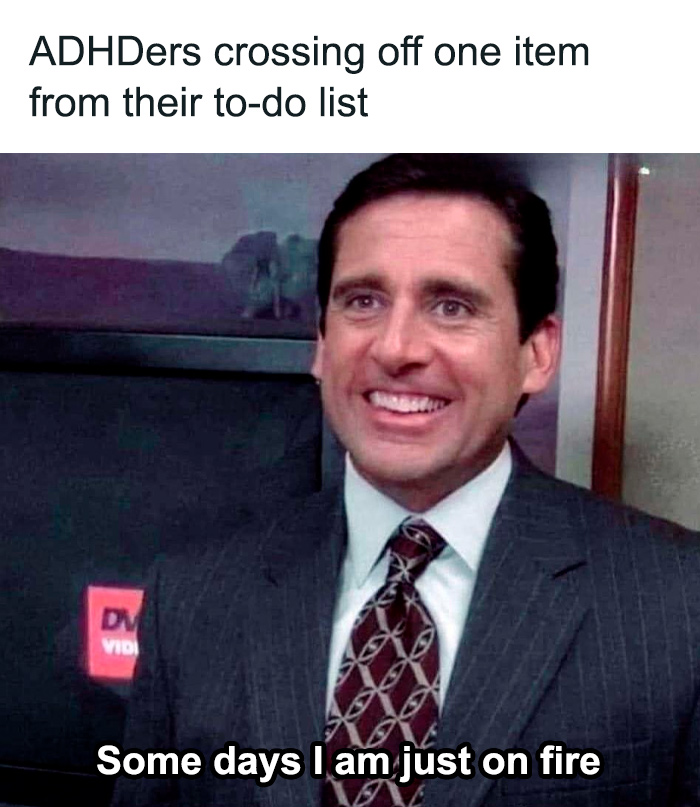 Man in a suit smiling with text about ADHD and to-do lists.