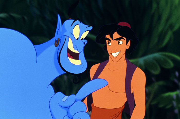 Animated iconic duo in a vibrant forest setting, with the blue genie animatedly talking to a smiling young man.