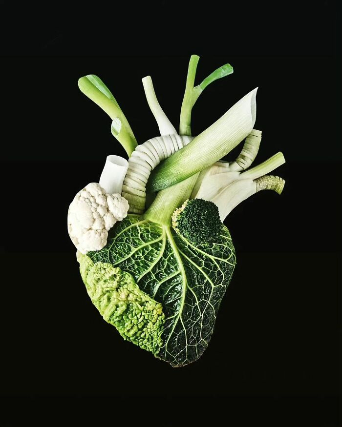 Surrealism-inspired vegetable heart sculpture, featuring leeks, broccoli, and cauliflower on a dark background.