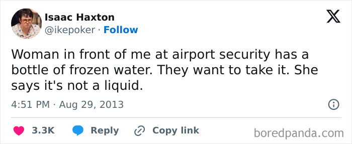 Tweet showing a science humor meme about frozen water at airport security in a collection of science and humor memes.