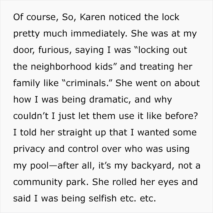 Text excerpt showing Karen furious about pool rules, demanding control over her neighbor’s pool use and privacy concerns. Text excerpt showing Karen furious about pool rules, demanding control over her neighbor’s pool use and privacy concerns.