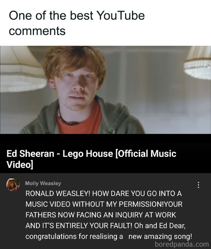 Ed Sheeran video with Harry Potter-themed YouTube comment humorously referencing Ronald Weasley.