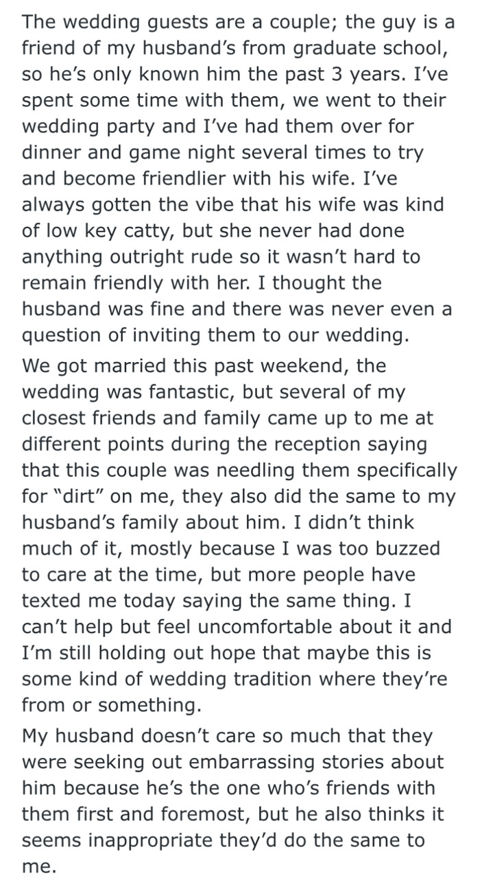 Just Got Married, And Apparently A Couple Of Wedding Guests Were Badgering Other Guests For “Embarrassing Stories” About Me And The Groom
