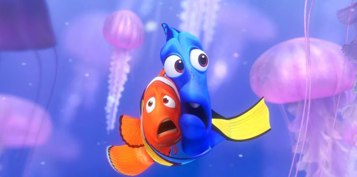 Two animated fish friends swim through colorful jellyfish, showcasing one of the most iconic duos.