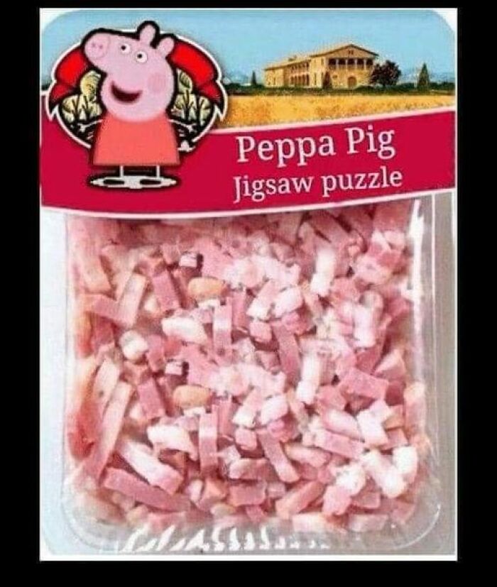 Peppa Pig jigsaw puzzle with unexpected bacon pieces as contents, hinting at a twisted and unexpected theme.