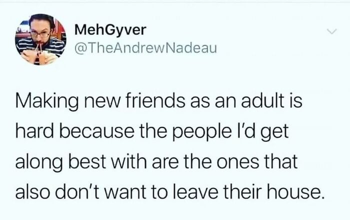 Tweet about adult friendships with a humorous twist, featuring an account named MehGyver.