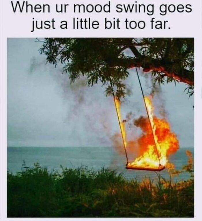 A swing engulfed in flames hangs from a tree, embodying twisted and unexpected humor.