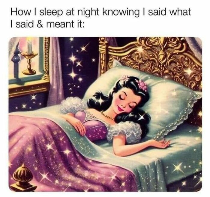 Cartoon princess sleeps peacefully in bed with a content expression, surrounded by glittering stars and luxurious bedding—unexpected twist.