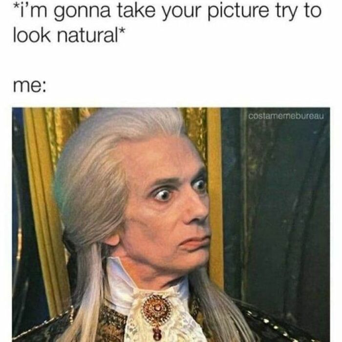 Person with a shocked expression wearing historical attire, capturing a twisted and unexpected meme moment.