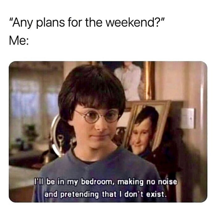 Young person with glasses humorously describing weekend plans as being alone in bedroom, relatable introvert meme about life.