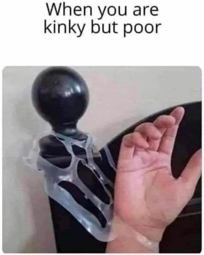 Hand tied to bedpost with plastic wrap, captioned humorously in twisted and unexpected fashion.