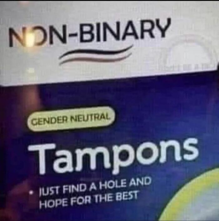 Non-binary tampons package with unexpected humorous text about usage.