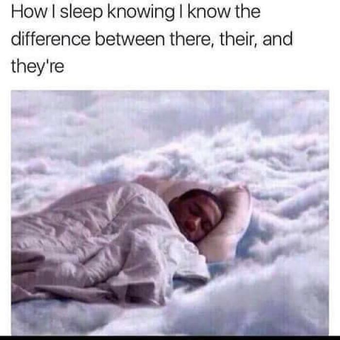 Man peacefully sleeping on clouds with text about grammar knowledge, representing the twisted and unexpected.