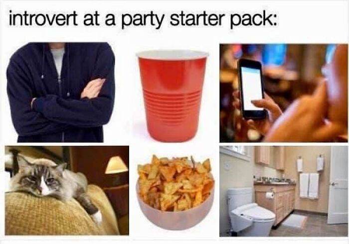 Images showing introvert party starter pack with crossed arms, red cup, phone, cat, snacks, and bathroom, capturing funny relatable memes.
