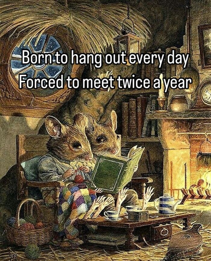 Two vintage mice characters reading by the fireplace with relatable meme text on a beautiful vintage picture background.