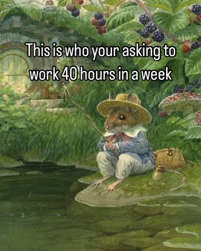 Mouse in vintage style, dressed in clothes and fishing by pond, relatable memes on beautiful vintage pictures.