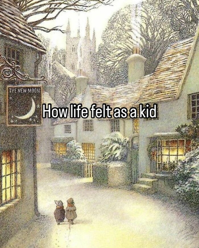 Vintage winter village scene with two children walking, relatable memes shared on beautiful vintage pictures concept.
